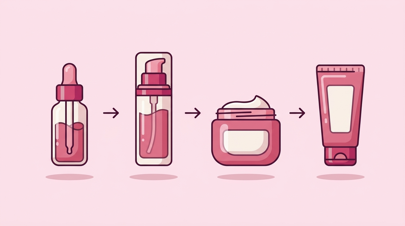 Sequenza di quattro prodotti skincare dal piu leggero al piu denso con frecce: siero, siero denso, crema, protezione solare